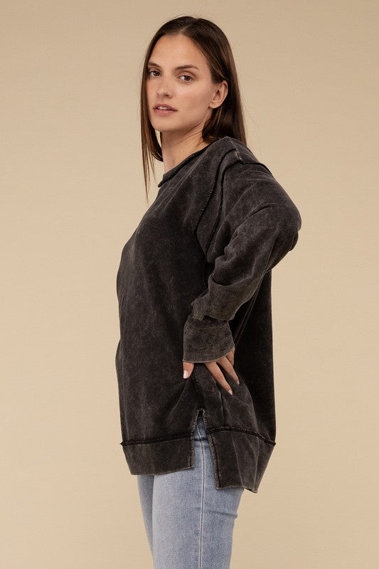 Zenana Acid Wash French Terry Womens Sweatshirt Black or Mocha S-XL