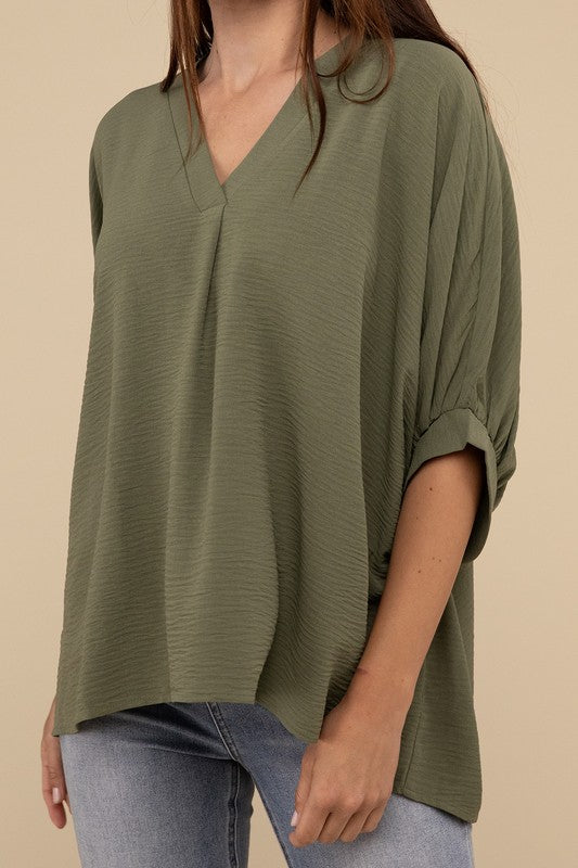 Zenana Woven Airflow V-Neck Puff Sleeve Womens Top S-XL 2Colors