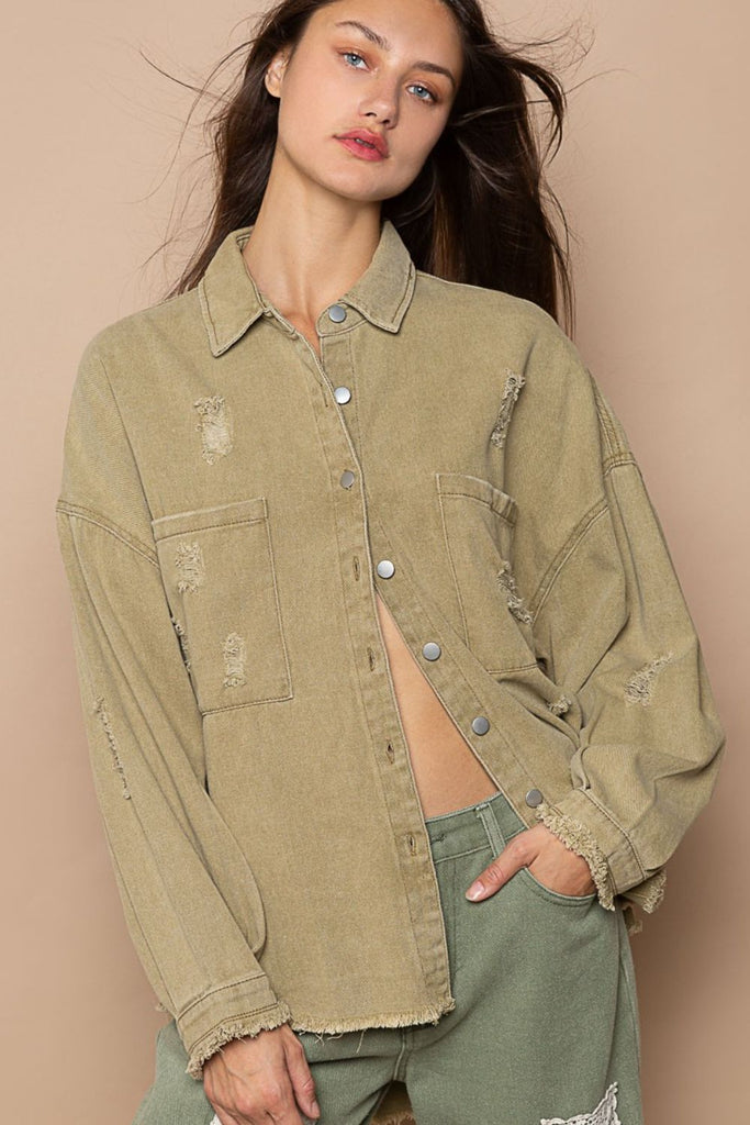 POL Button Down Raw Hem Distressed Womens Shacket S-L