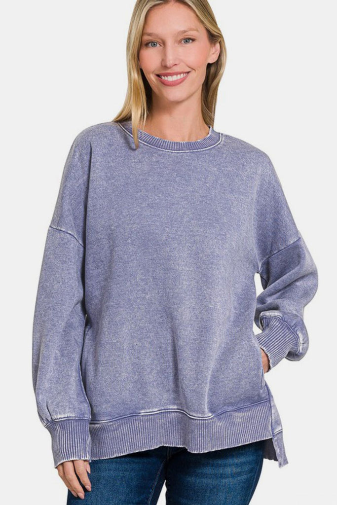 Zenana High-Low Acid Wash Fleece Womens Sweatshirt