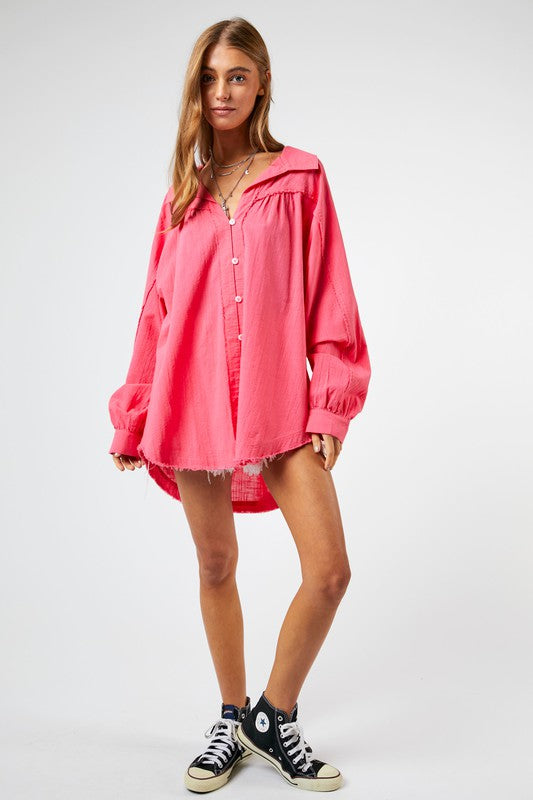 Davi & Dani Cotton Raw Edge Relaxed Fit Blouse Pink or Yellow