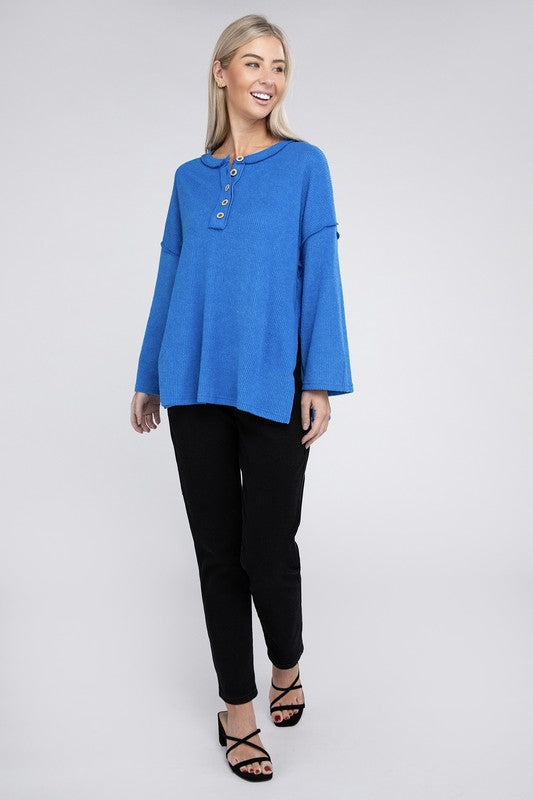 Zenana Ribbed Brushed Melange Hacci Henley Sweater 5Colors S-XL