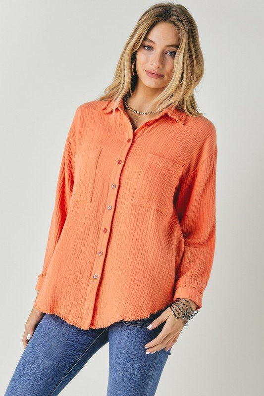 Davi & Dani Cotton Gauze Button Long Sleeve Womens Shirt 3Colors S-M
