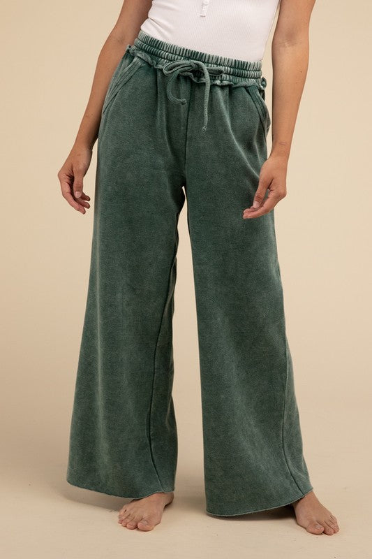 Zenana Acid Wash Fleece Womens Palazzo Sweatpants S-XL 3colors