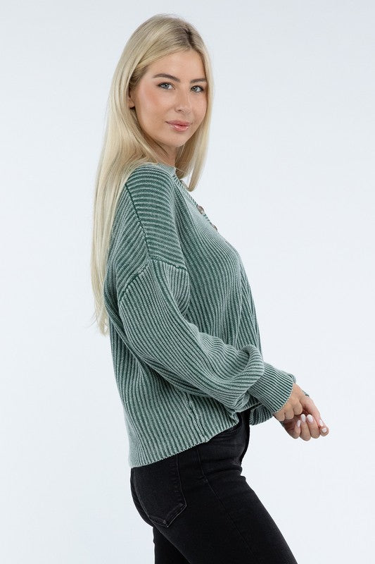 Zenana Washed Collared Henley Womens Sweater 6 Colors