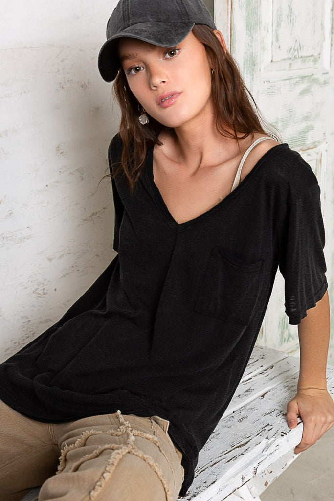 POL V-Neck Short Sleeve Womens T-Shirt in Black S-L