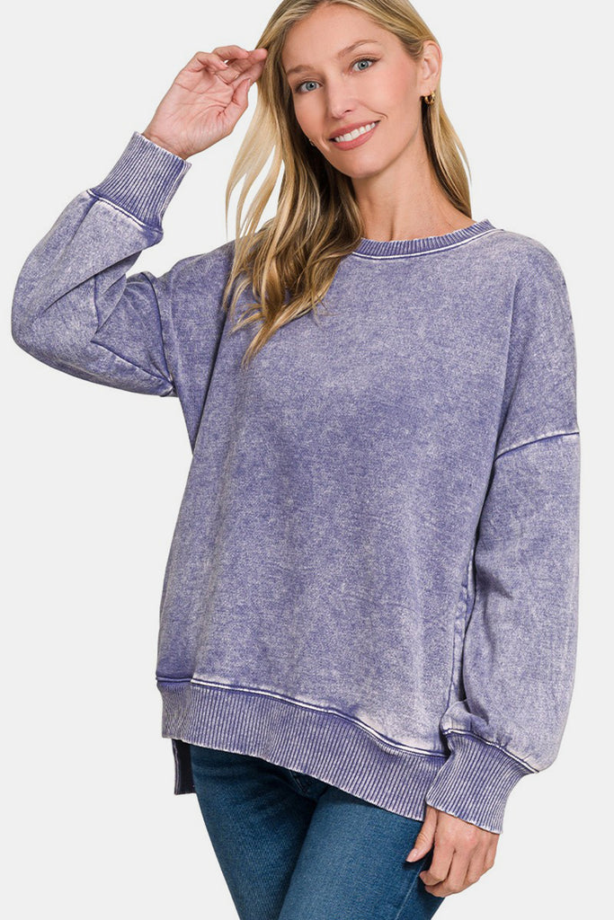 Zenana High-Low Acid Wash Fleece Womens Sweatshirt