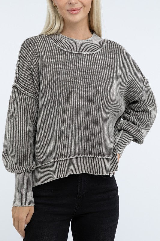 Zenana Washed Side Slit Oversized Cropped Womens Sweater 4Colors