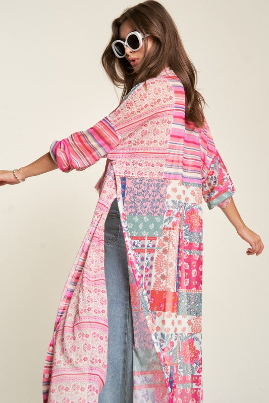 Mesh Print Mix Matched Button Front Cover Up