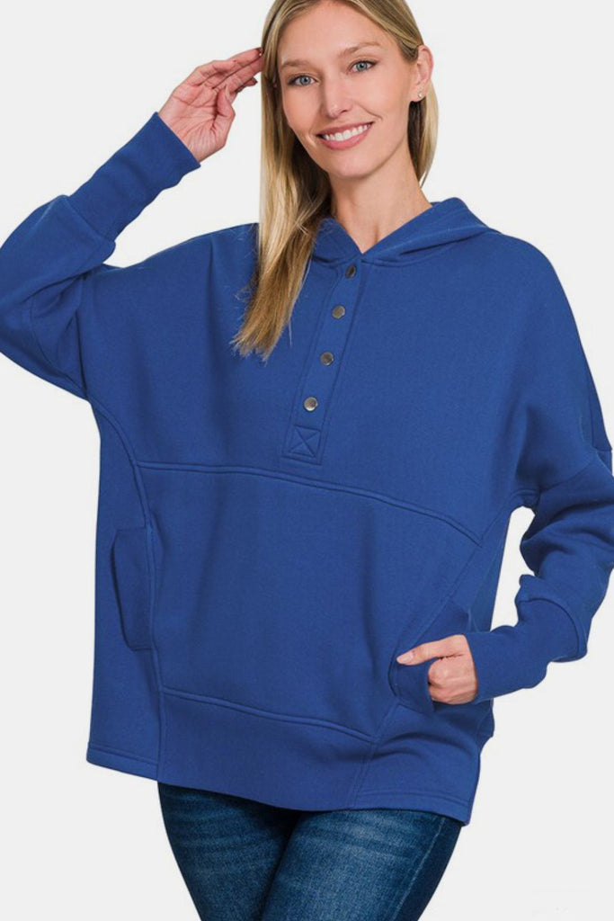 Zenana Half Snap Long Sleeve Womens Hoodie with Kangaroo Pocket