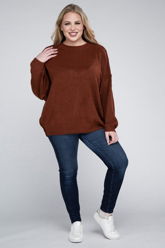 Zenana Plus Size Oversized Raw Seam Melange Sweater 5Colors
