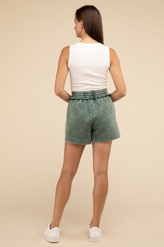 Zenana Acid Wash Fleece Womens Shorts Pockets 3Colors S-L