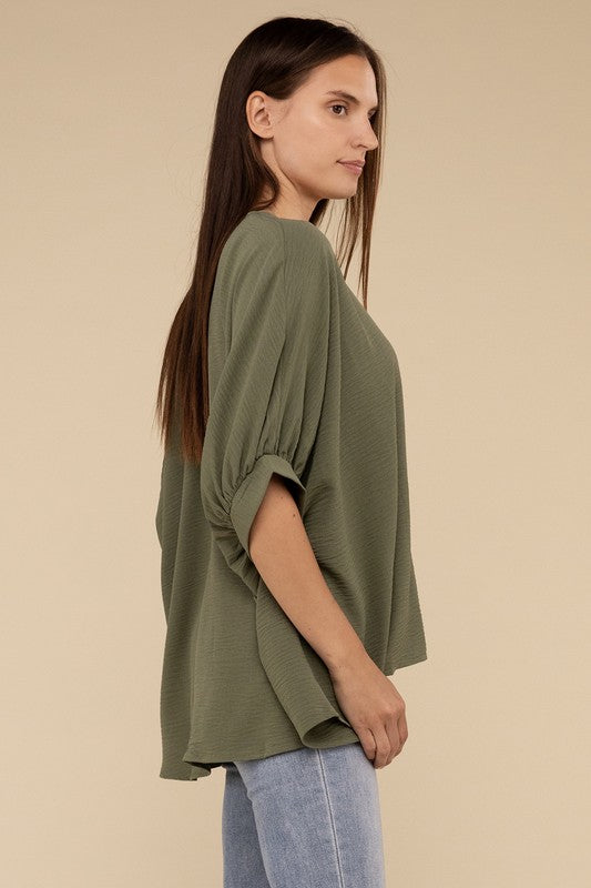 Zenana Woven Airflow V-Neck Puff Sleeve Top S-XL 2Colors