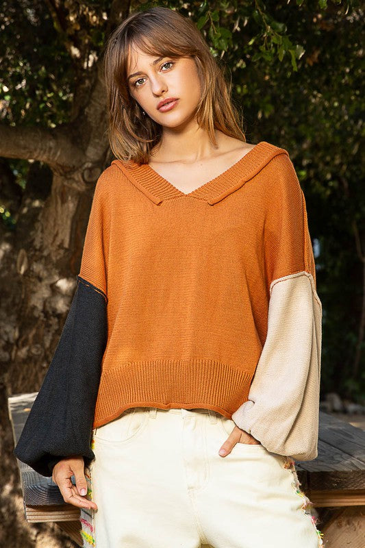 POL Clothing Exposed Seam Roll Edge Color Block V Neck Womens Sweater