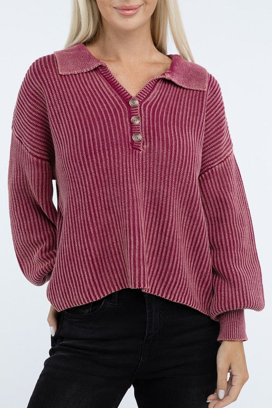 Zenana Washed Collared Henley Womens Sweater 6 Colors