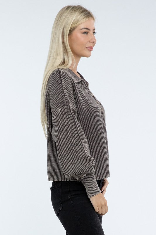 Zenana Washed Collared Henley Womens Sweater 6 Colors