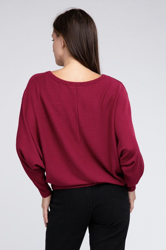 Zenana Ribbed Batwing Boat Neck Sweater 3Colors S-XL