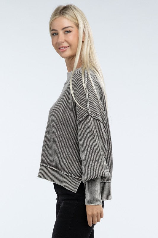 Zenana Washed Side Slit Oversized Cropped Womens Sweater 4Colors