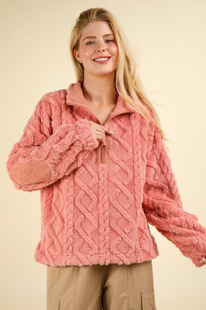 VERY J Fuzzy Fleece Half Zip Cable Pattern Womens Pullover in Blush