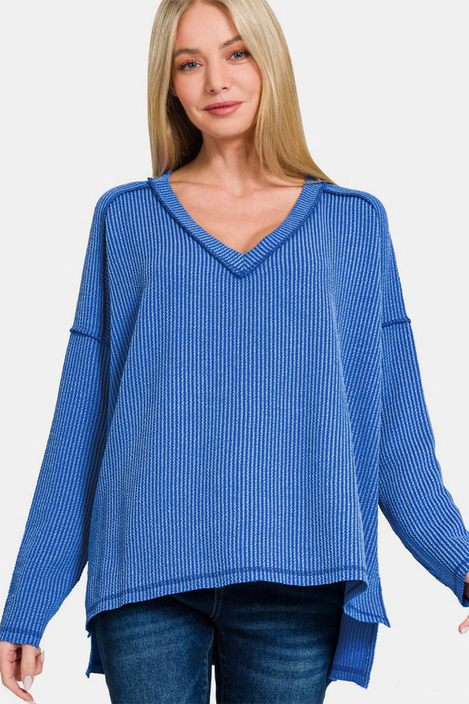 Zenana Waffle Exposed Seam V-Neck Long Sleeve Womens Pullover