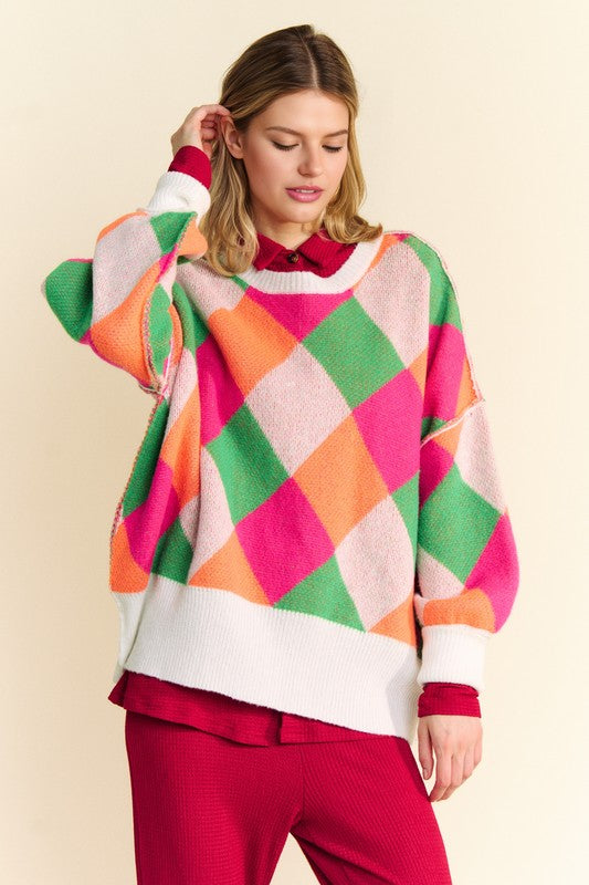 Davi & Dani Exposed Seam Color Block Drop Shoulder Womens Sweater