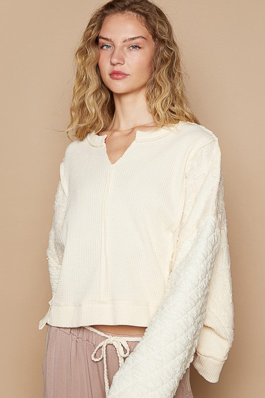 POL Clothing Waffle-Knit Notched Long Sleeve Knit Womens Top