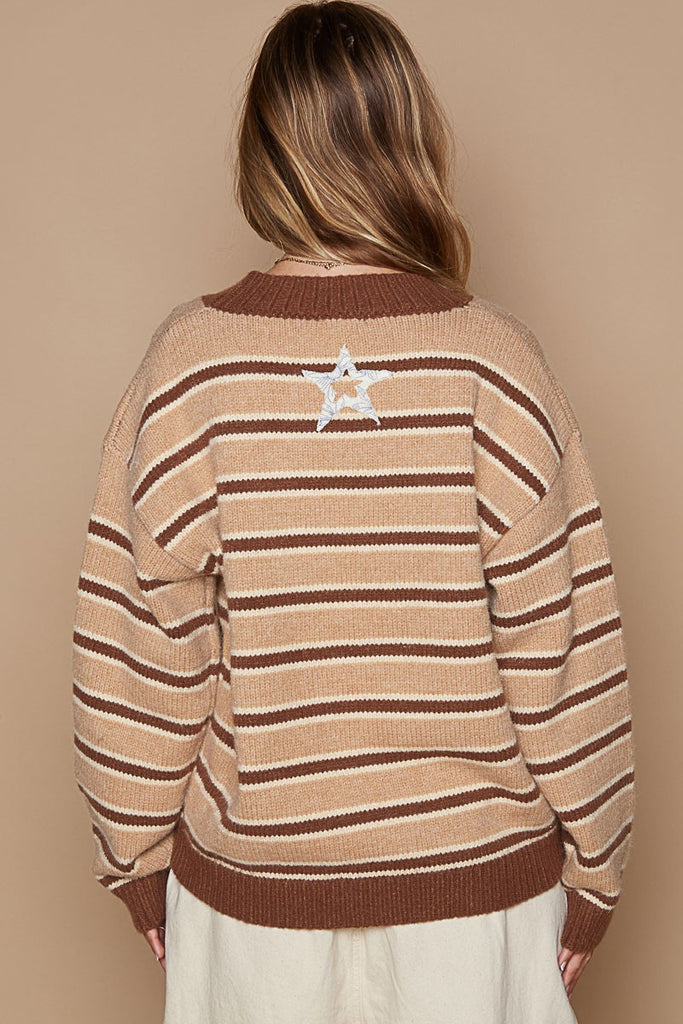 POL Clothing Star Patch Stripe Round Neck Womens Sweater in Brown