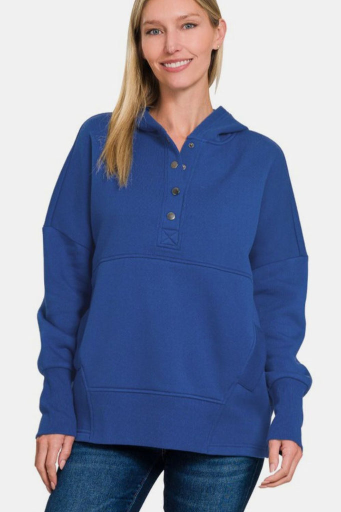 Zenana Half Snap Long Sleeve Womens Hoodie with Kangaroo Pocket