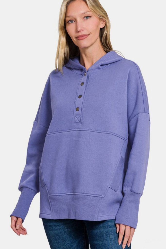 Zenana Half Snap Long Sleeve Womens Hoodie with Kangaroo Pocket