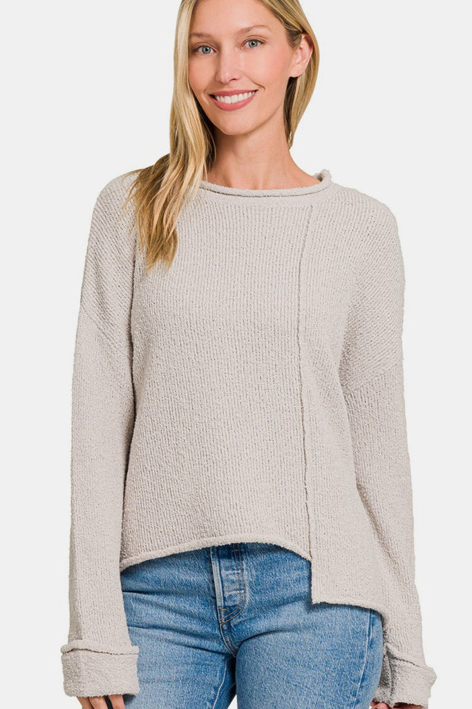 Zenana Asymmetric Hem Drop Shoulder Womens Sweater