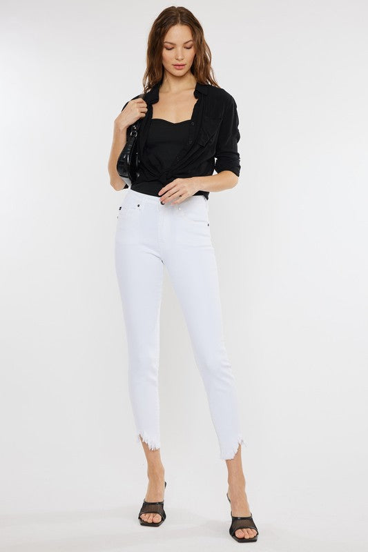 Kan Can White High Rise Hem Detail Ankle Skinny Jeans
