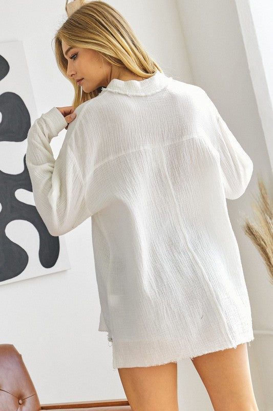 Davi & Dani Cotton Gauze Button Long Sleeve Womens Shirt 3Colors S-M