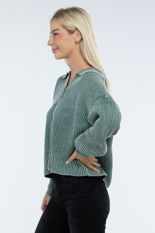 Zenana Washed Collared Henley Womens Sweater 6 Colors