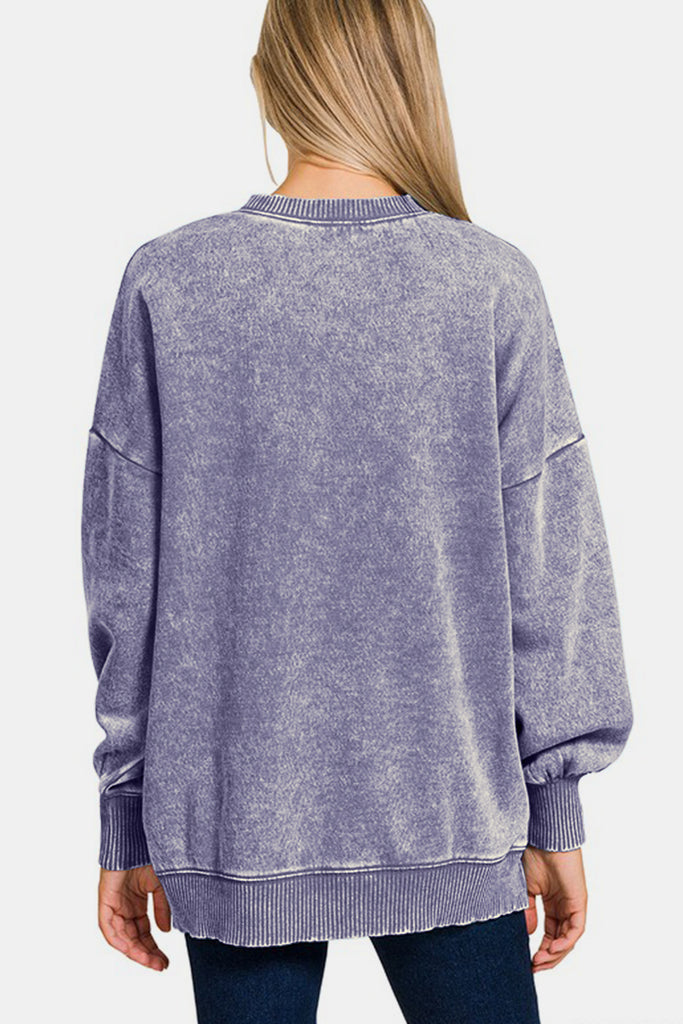 Zenana High-Low Acid Wash Fleece Womens Sweatshirt