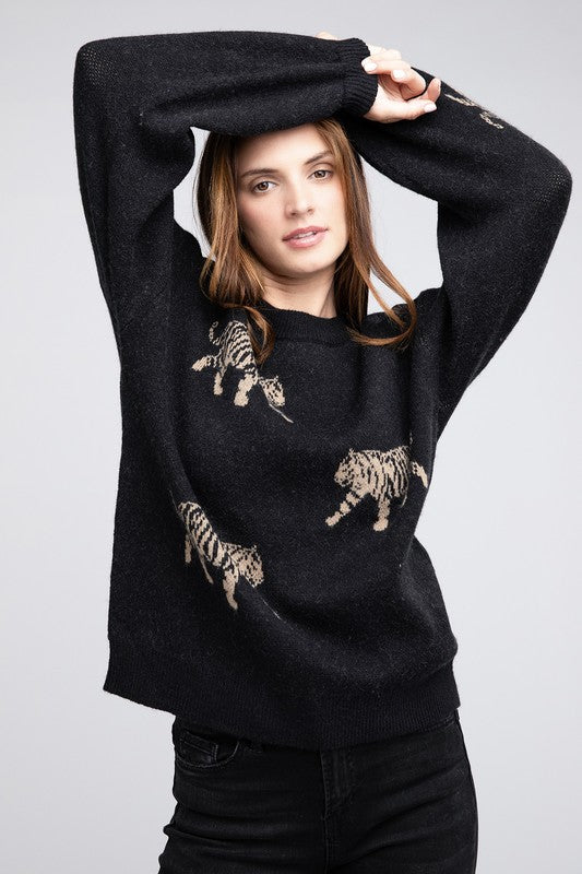 Bibi Tiger Pattern Relaxed Fit Sweater 4 Colors S-XL