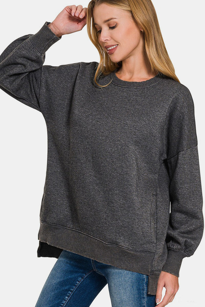 Zenana High-Low Acid Wash Fleece Womens Sweatshirt