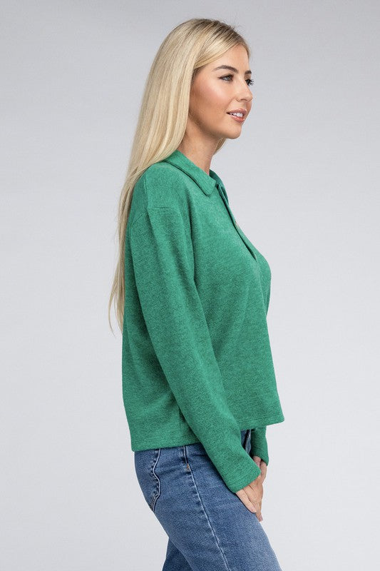 Zenana Brushed Melange Hacci Collared Sweater 5Colors S-L