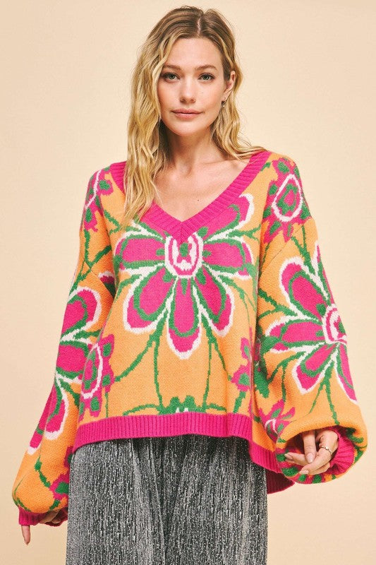 Davi & Dani Floral Contrast V-Neck Drop Shoulder Womens Sweater