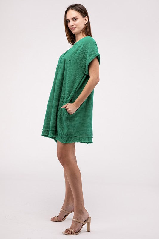 Zenana Cotton Gauze SS Raw Edge Womens Dress 4Colors S-XL