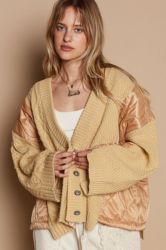 POL Clothing Quilt Patch Button Up Cable Knit Jacket Womens Cardigan