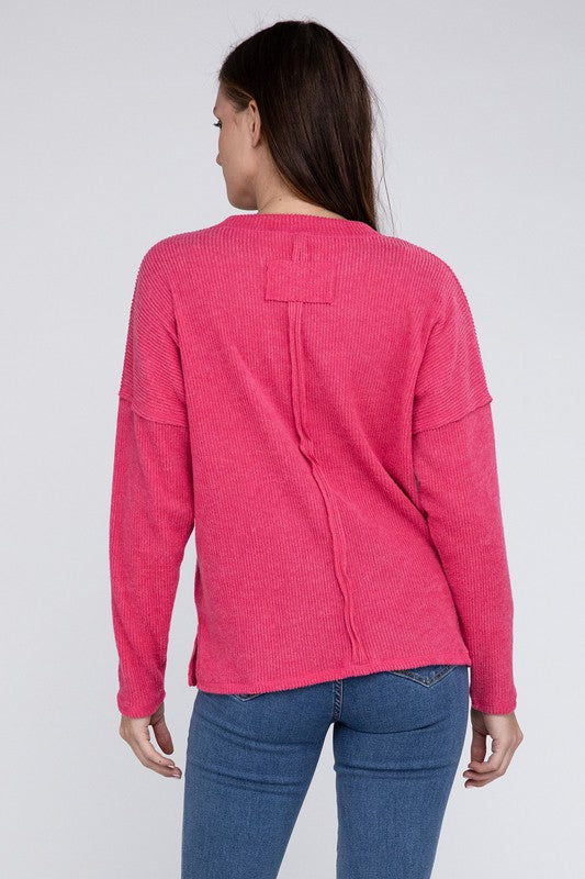 Zenana Ribbed Brushed Melange Hacci Pocket Sweater 5Colors S-XL