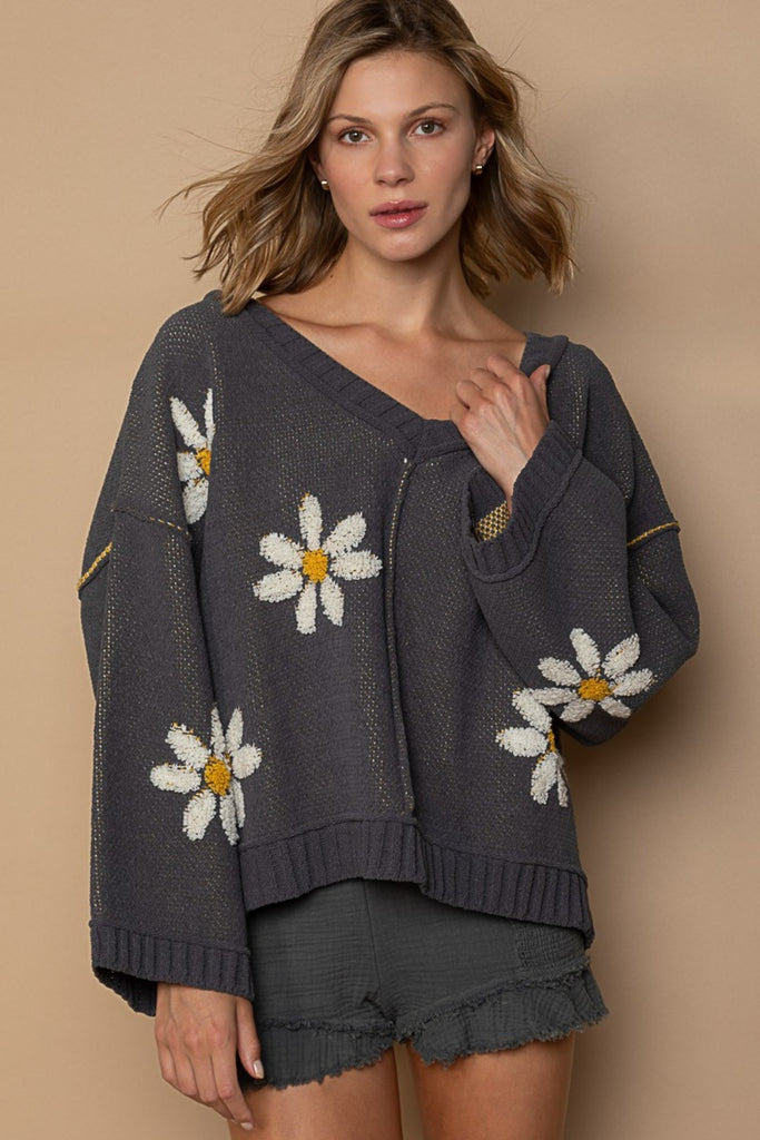 POL V-Neck Floral Pattern Chenille Womens Sweater S-L