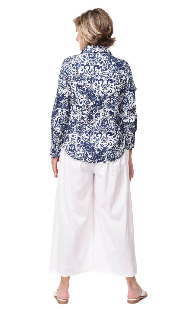 Gretchen Women's Button Down Shirt in Blue Batik