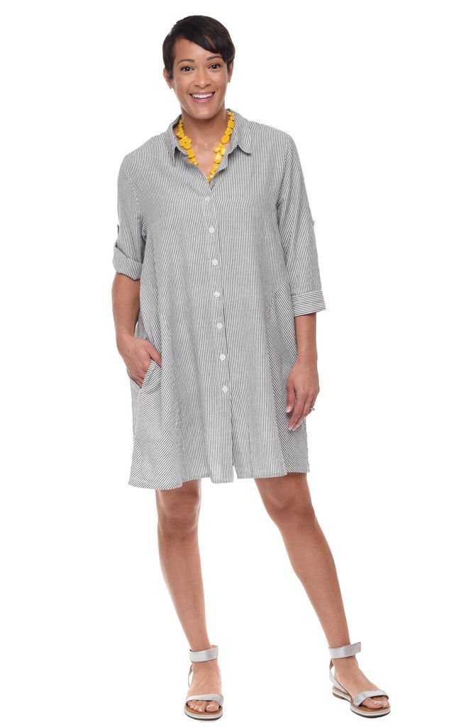 Claudia Womens Shirt Dress 3/4 Sleeves in Ticking