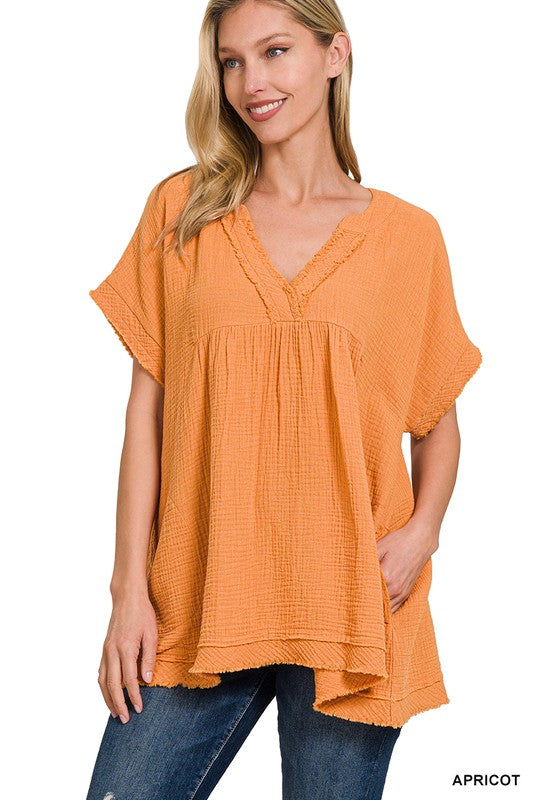 Zenana Double Gauze Raw Edge Womens Top 7Colors S-XL