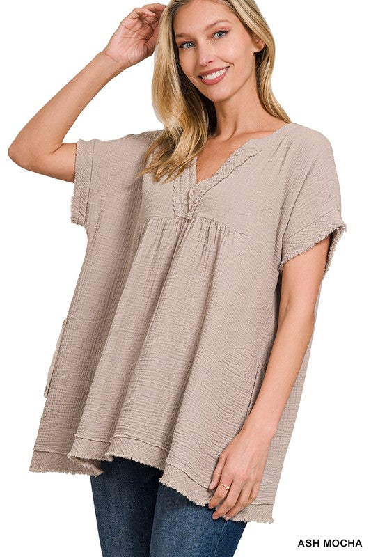 Zenana Double Gauze Raw Edge Womens Top 7Colors S-XL