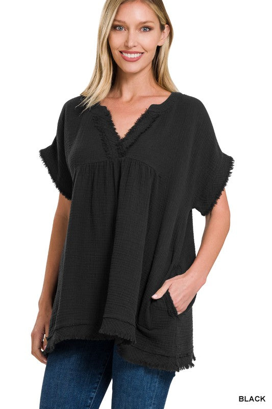 Zenana Double Gauze Raw Edge Womens Top 7Colors S-XL