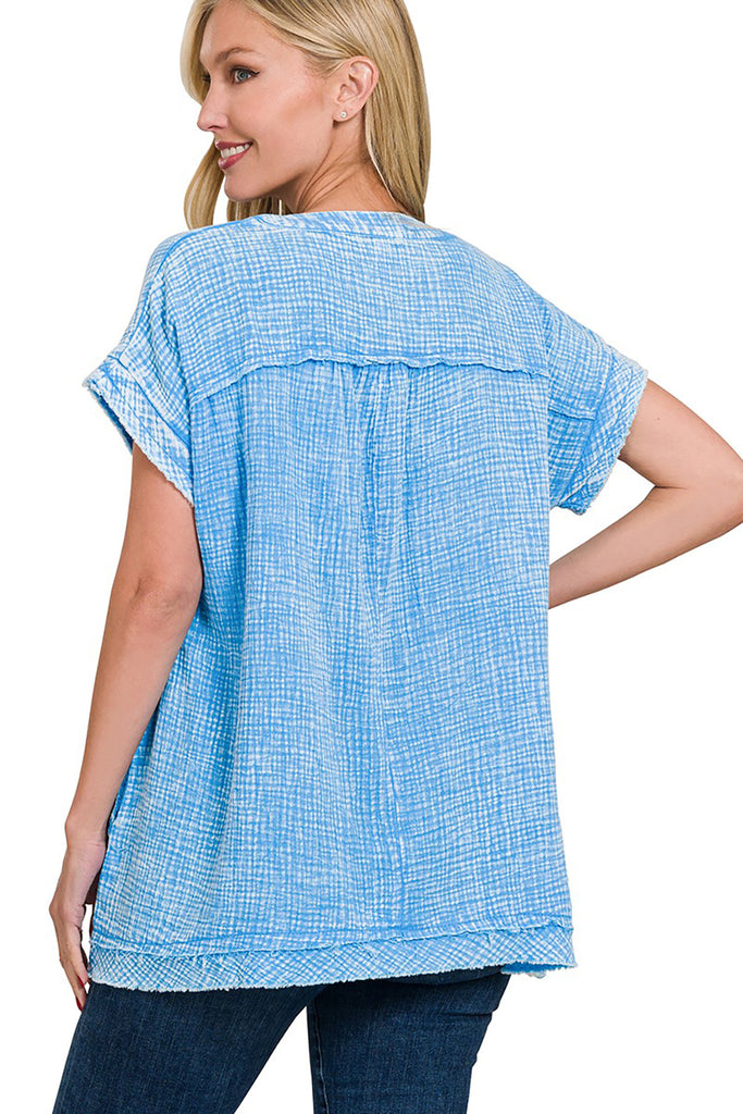 Zenana Washed Double Gauze Raw Edge Shirt 3Colors S-XL