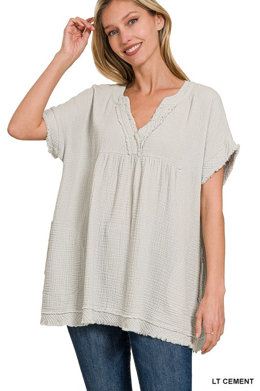 Zenana Double Gauze Raw Edge Womens Top 7Colors S-XL