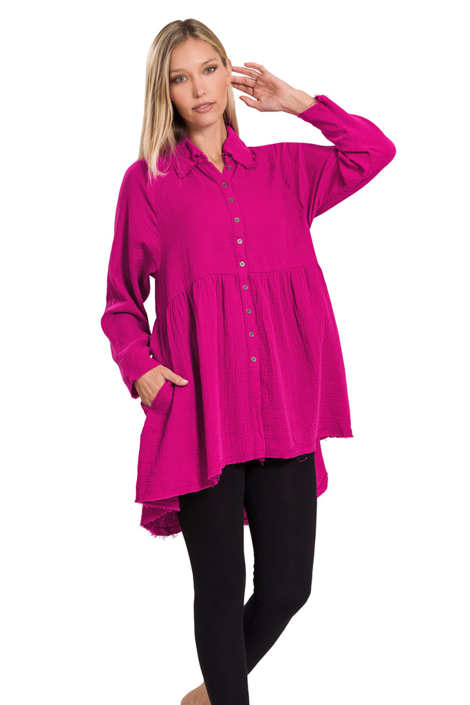 Zenana Cotton Gauze Peplum Womens Shirt with Pockets 2Colors S-XL